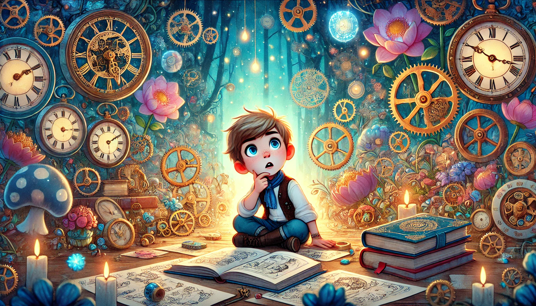 A wide, detailed, and magical illustration of a young boy named Cem, depicted as a small fairy tale hero. In the first scene, Cem is sitting in a whimsical and colorful setting, puzzled and trying to understand clocks, surrounded by books and sketches about time. The background features a dreamy forest with oversized flowers, glowing lights, and floating gears, creating a magical atmosphere. Cem looks curious but slightly confused, emphasizing his journey to understanding.