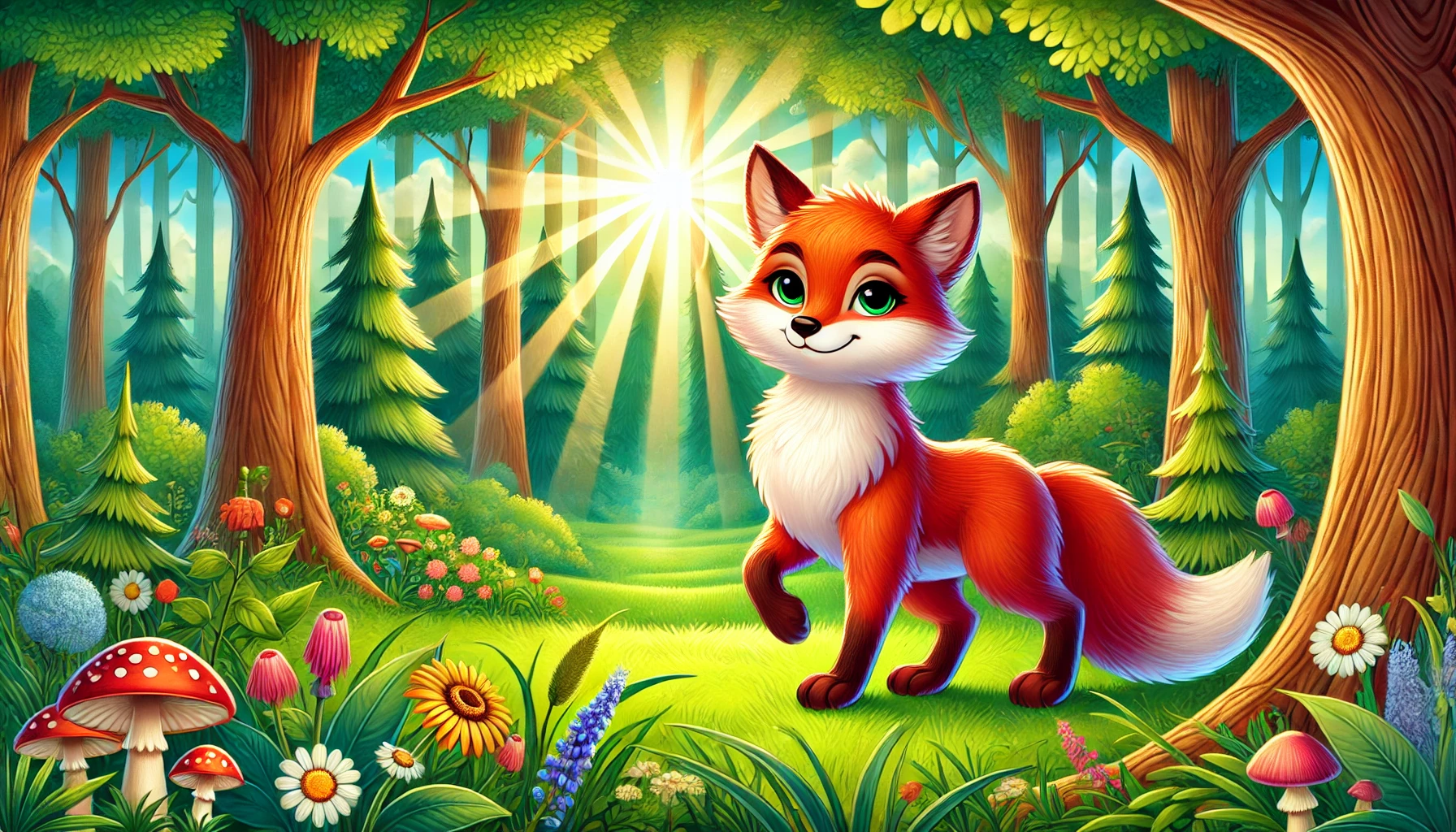 A vibrant and colorful illustration of a clever fox standing confidently in a lush, green forest. The fox is the central focus, with detailed fur and an intelligent, curious expression. The background features tall trees, soft sunlight filtering through the branches, and small forest details like flowers and mushrooms to create a whimsical atmosphere. This illustration is designed to capture the playful and magical essence of the fox in a fairy-tale style, similar to the story of 'Tilki ile Üzümler.' The scene should be wide and vivid, emphasizing the beauty of nature.